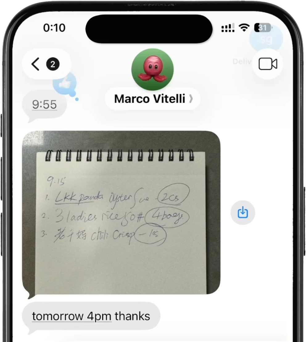 A customer's order sent as a photo of a handwritten note in a text message