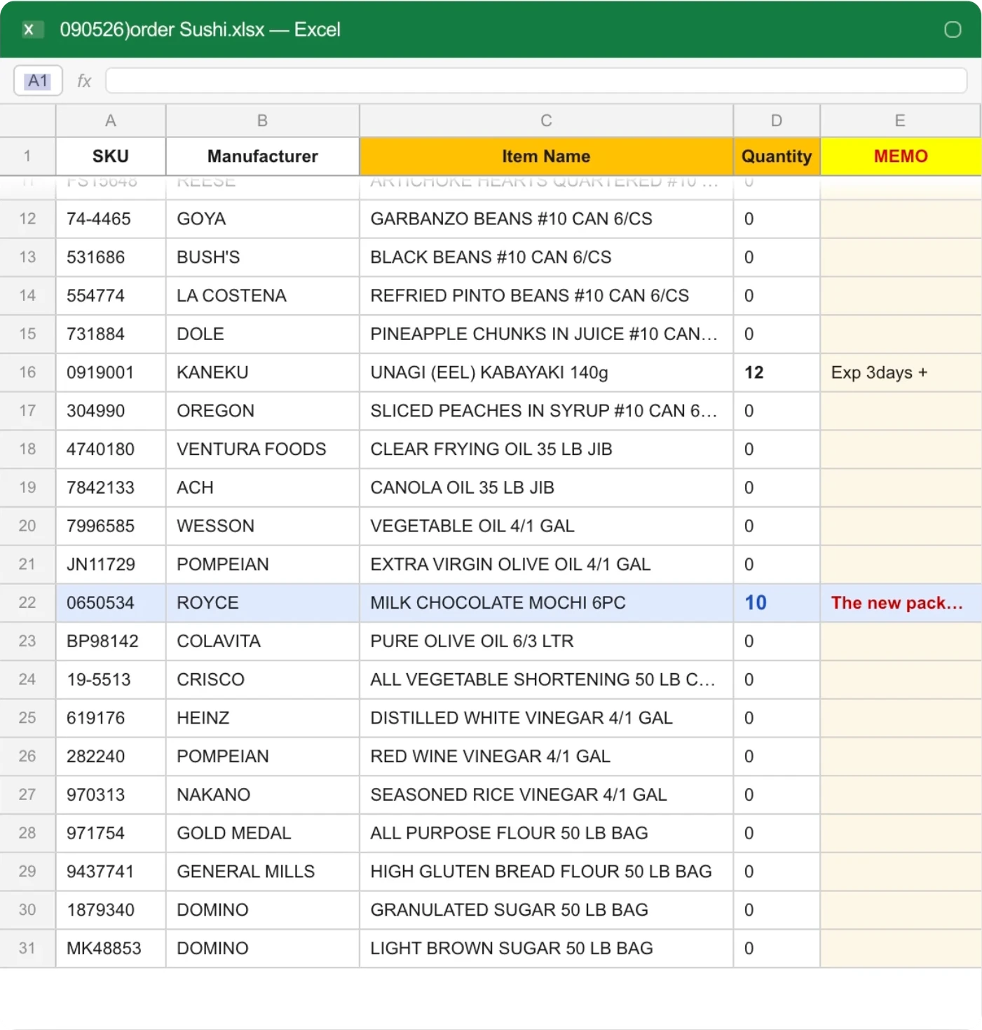 An order spreadsheet with quantities and notes typed in by hand